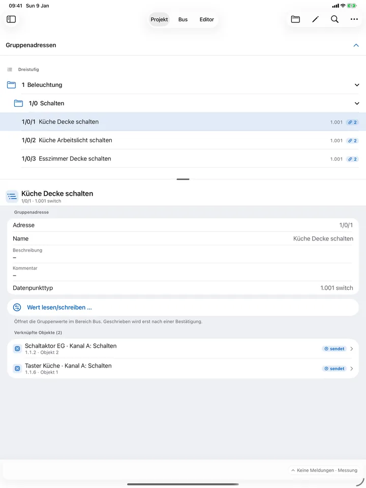 KNX Atlas auf dem iPad: Gruppenadresse „Küche Decke schalten“ mit der Schaltfläche „Wert lesen/schreiben …“.