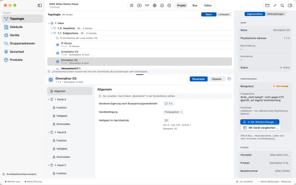 KNX Atlas auf dem Mac: Topologie mit ausgewähltem Dimmaktor, Parametern und Geräteinspektor.