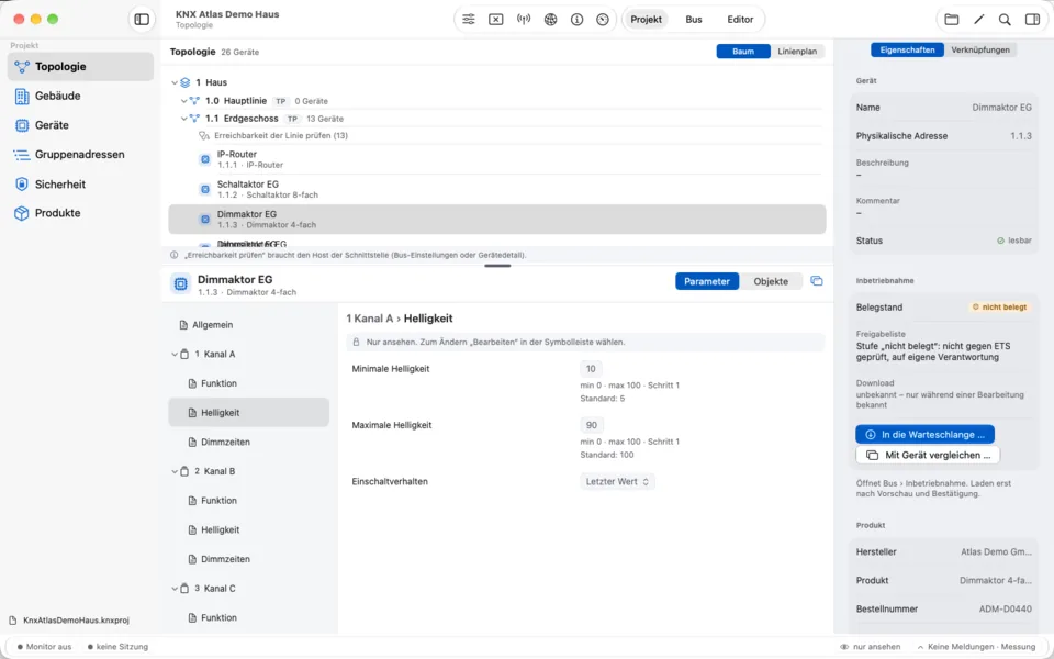 KNX Atlas auf dem Mac: Geräteliste mit der Parameterseite „Allgemein“ eines Dimmaktors.