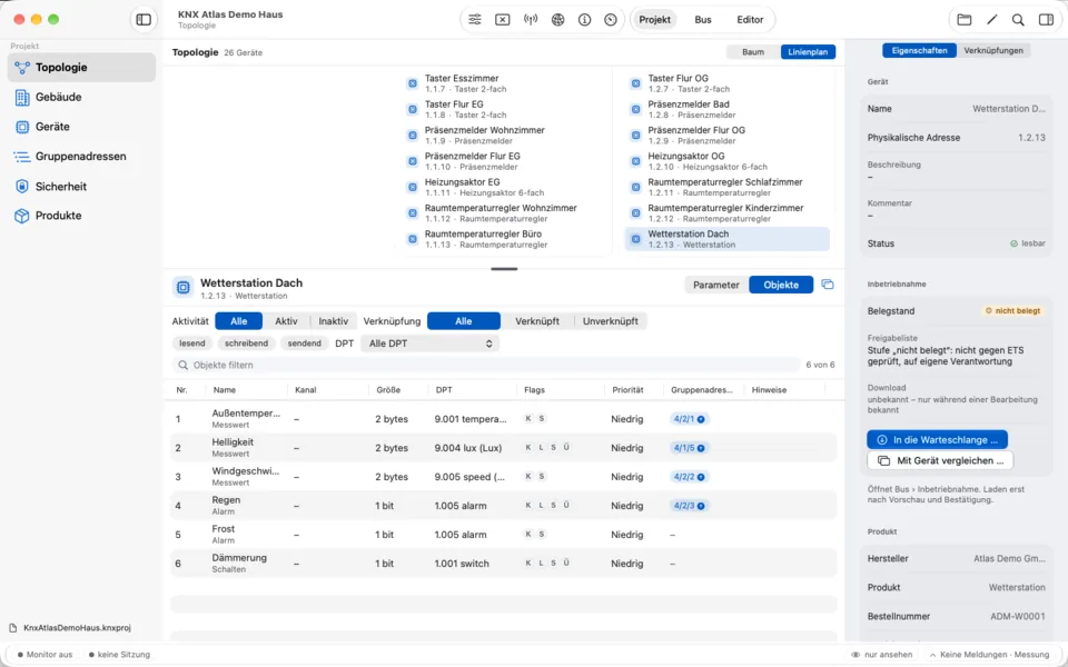KNX Atlas auf dem Mac: Kommunikationsobjekte einer Wetterstation mit Filtern, Datenpunkttypen und Gruppenadressen.