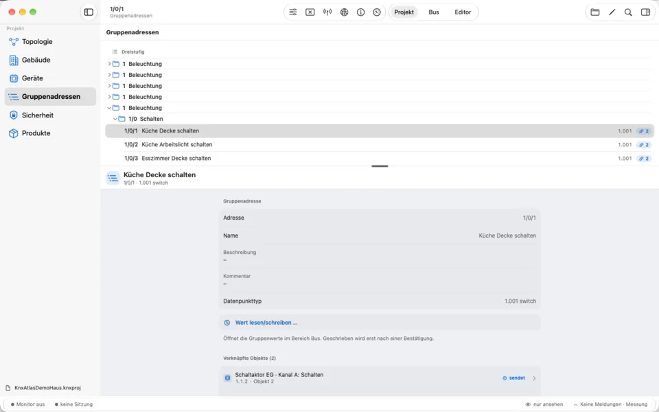 KNX Atlas auf dem Mac: Gruppenadresse 1/0/1 „Küche Decke schalten“ mit Datenpunkttyp und verknüpften Objekten.