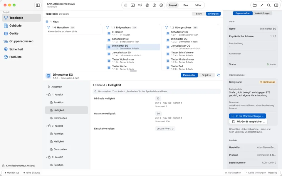 KNX Atlas auf dem Mac: Linienplan mit Haupt- und Unterlinien und den Geräten darunter.