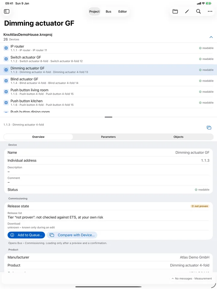 Devices – iPad: Every device of the project with address, product, application and status. Below, the parameters and objects of the selected device open.