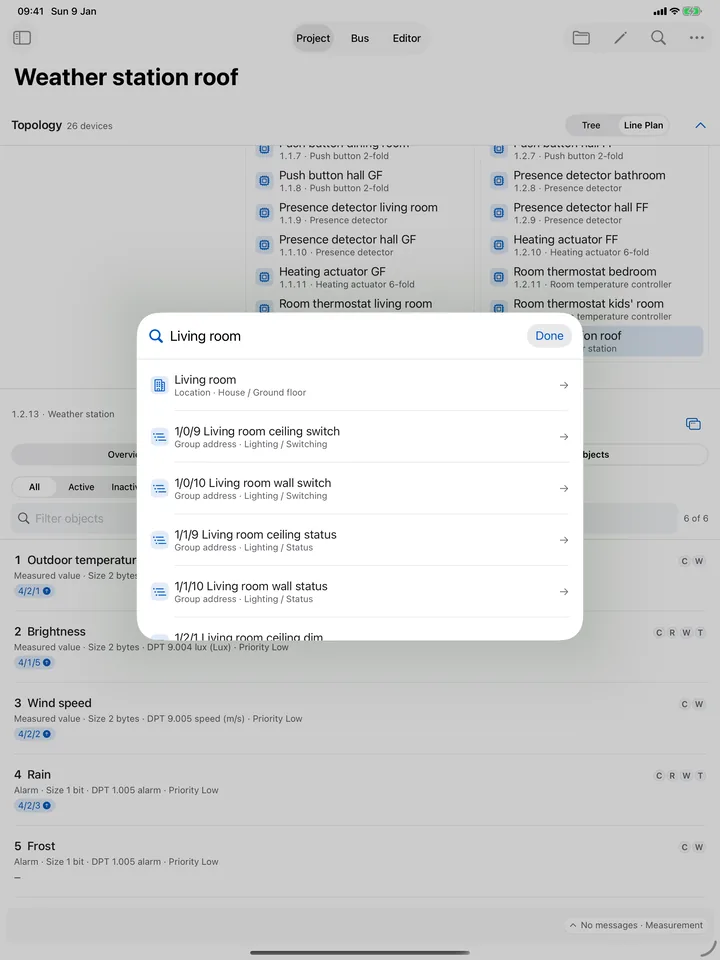 Search – iPad: One search across rooms, devices and group addresses. A result takes you straight to the right place in the project.