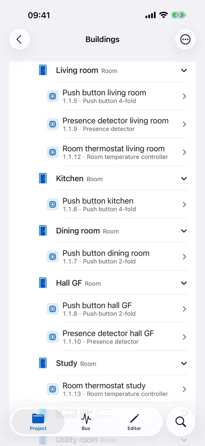Buildings – iPhone: Buildings, floors and rooms with the devices installed there. Spatial orientation for a walk through the installation.