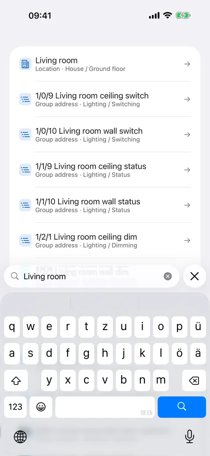Search – iPhone: One search across rooms, devices and group addresses. A result takes you straight to the right place in the project.